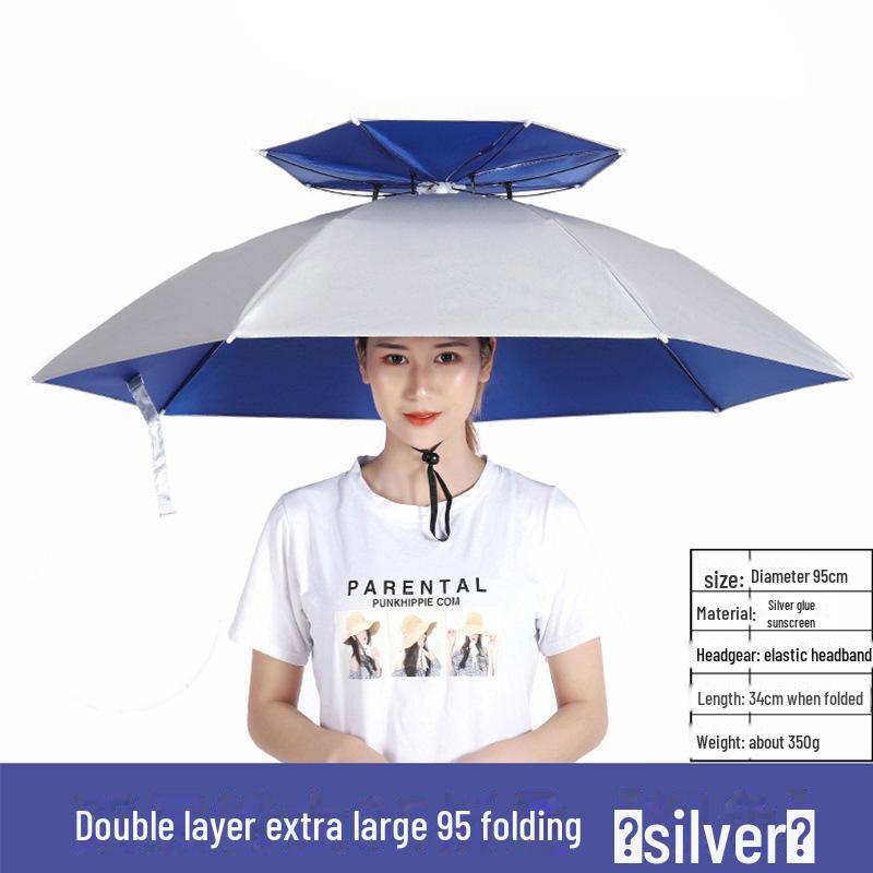 

Капелюх-парасолька для риболовлі на голові, що захищає від дощу - складна велика парасолька для захисту без рук Double layer extra large 95 срібний