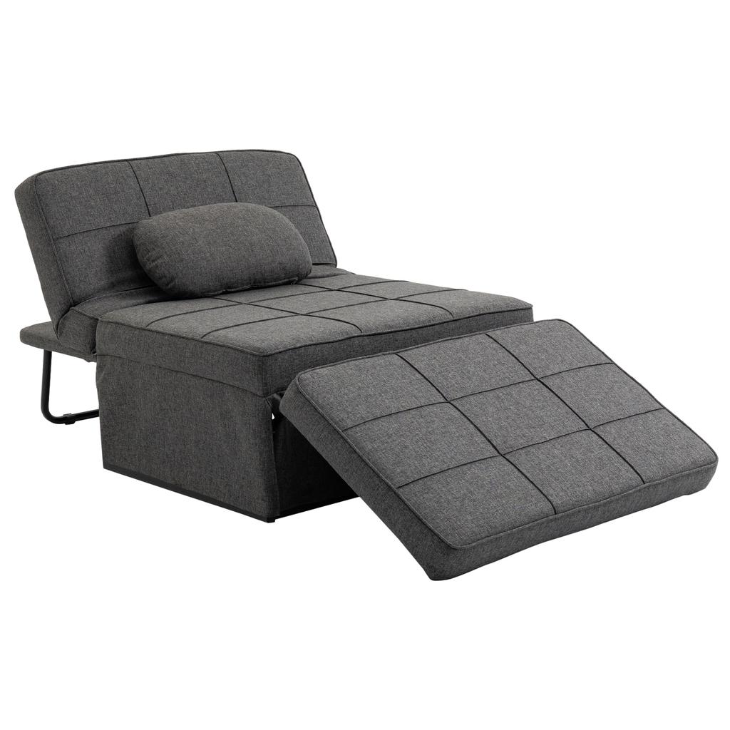 4-in-1 Single Armchair Convertible Chair Bed Pouf Reclining Backrest 5 Levels Folding Footrest, Load 200 Kg, Metal Frame and Linen Fabric Gray