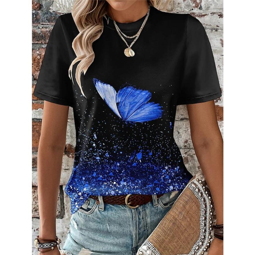 Fashionable Butterfly Tees Minimalist 3D Print Pattern Women's T Shirt Round Neck Short Sleeved Top