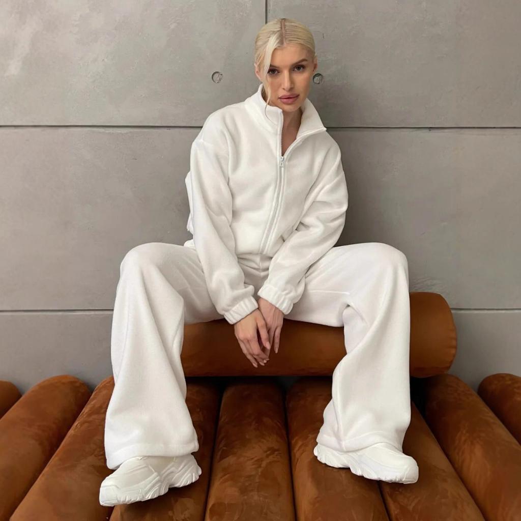 European and American casual women's fleece set thick solid color long-sleeved zipper cardigan elastic wide-leg pants two-piece set