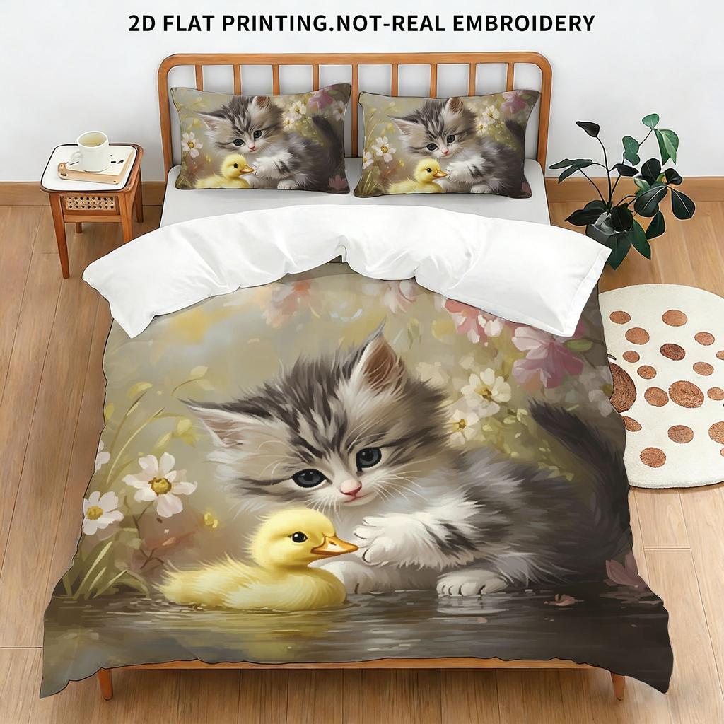 Whimsical Black Cat Art Duvet Cover Set, Colorful Floral & Sun Print Bedding, 2D Flat Printed