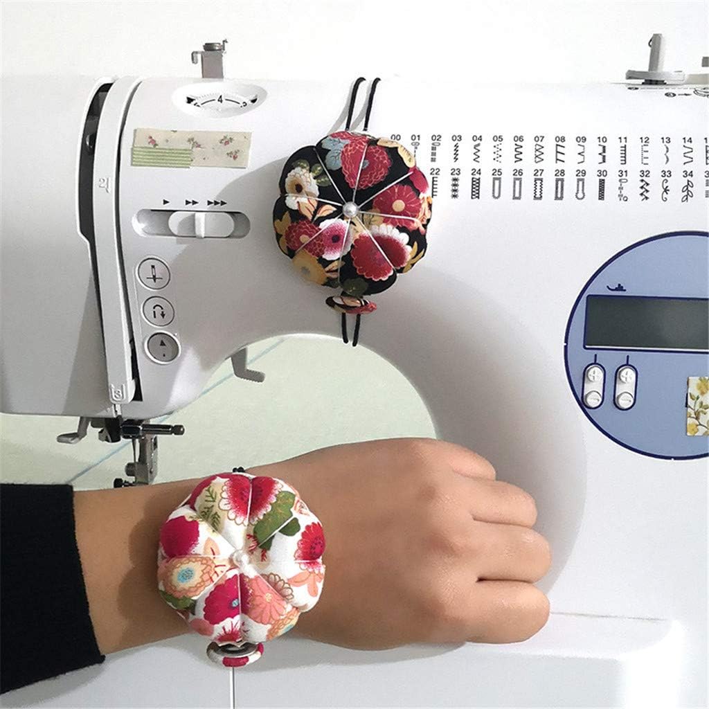 Jafirous 3Pcs DIY Sewing Pincushion Pumpkin Shape Cotton Fabric Button Wrist Strap for Cross Stitch Sewing Safety Pin Cushion Accessories Elastic