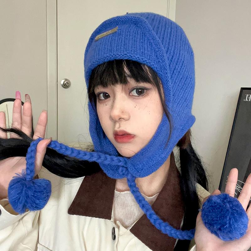 

Korean Ins Fashion Bomber Hat Autumn and Winter Thickened Ear Protection Warm Knitted Flight Cap Men Blue Pom-pom Women s