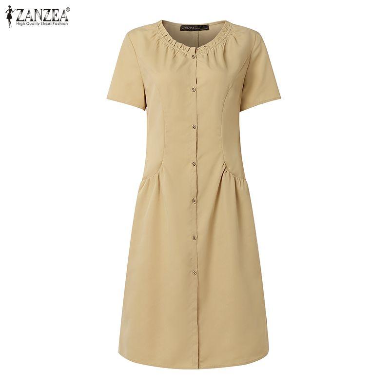 ZANZEA Women Daily Casual V-Neck Solid Color Summer Short Sleeve Dress