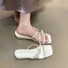 Bow Square Head Low Heel One-word Drag Wearing Sandals Versatile Pink Sandals