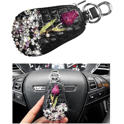 Mandark Bling Car Key Case, Leather Crystal Rhinestone Vehicle Key Fob Protector, Automotive Smart Keychain Holder for Remote Key Fob, Universal
