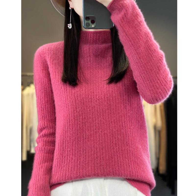 Damski sweter z półgolfem, kaszmir Qinghe, 30% kaszmiru, 70% wełny, zimowy sweter dzianinowy, jesienny sweter kaszmirowy