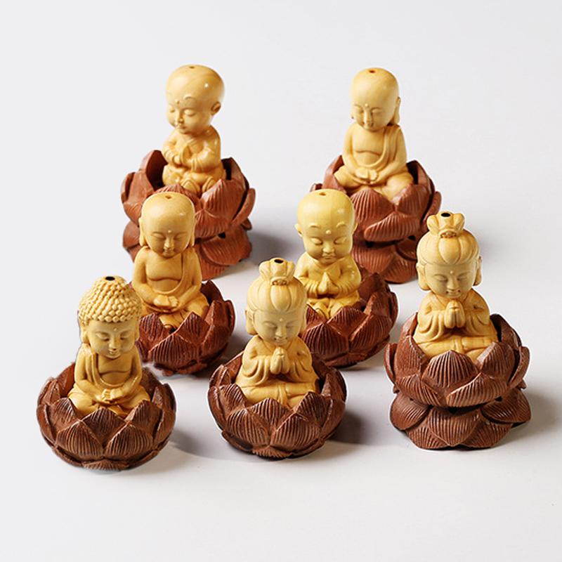 Vintage Mini Boxwood Carved Crafts Buddha Pendant Cute Little Monk Figurine Guanyin Statue Home Decoration Car Ornament Gift