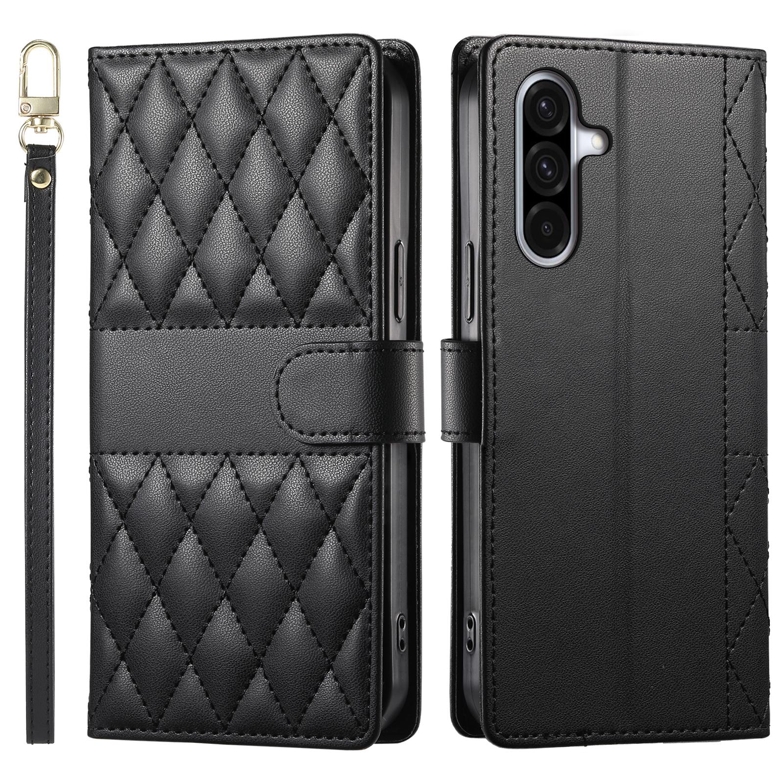 

For Samsung Galaxy A36 5G Case Rhombus Stitching Wallet Stand Leather Phone Cover with Long/Short Strap Black