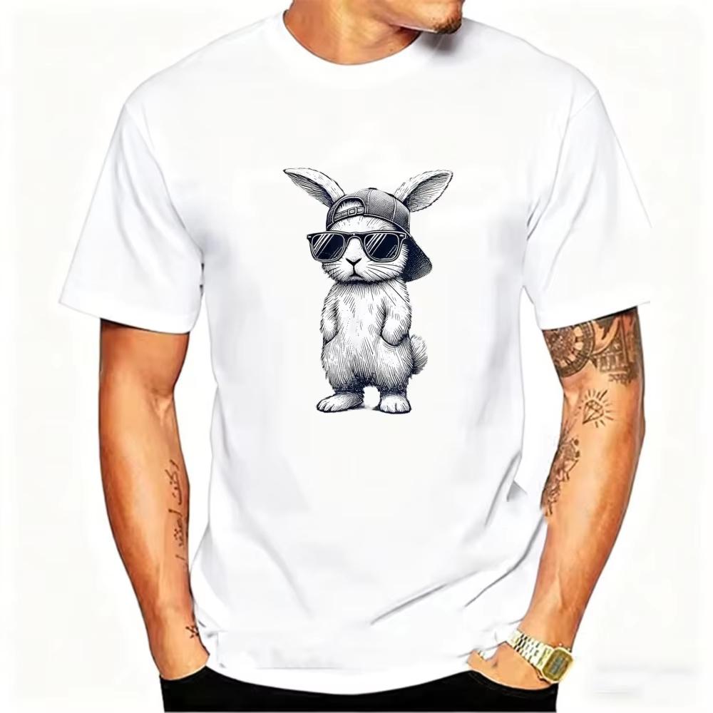 Easter Mens Cool Bunny with Baseball Cap  Sunglasses Cotton TShirt Hip Hop Style Rabbit Graphic Short Sleeve Crewneck Tee