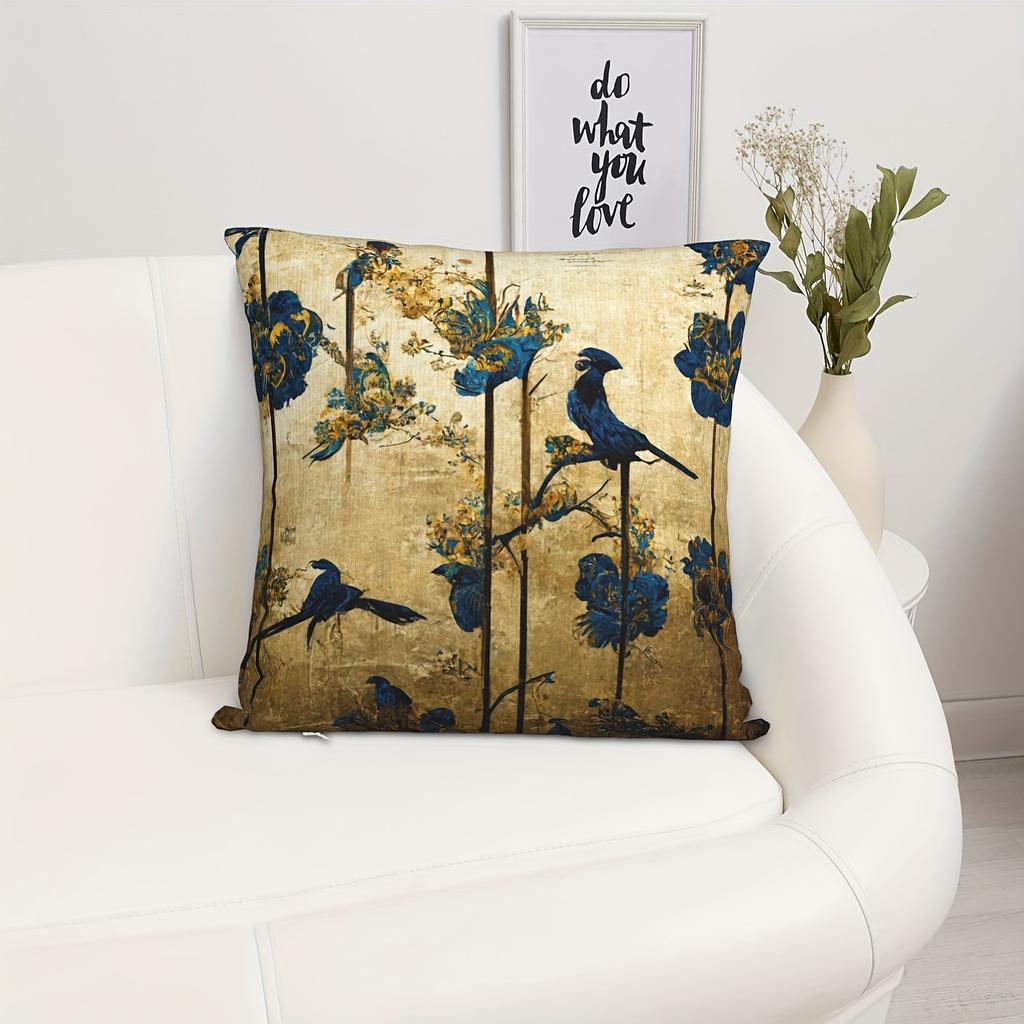 Double Sided Chinoiserie Blue Bird Throw Pillow Cover Vintage Golden Floral Print Decorative Cushion Case For Couch Home Decor