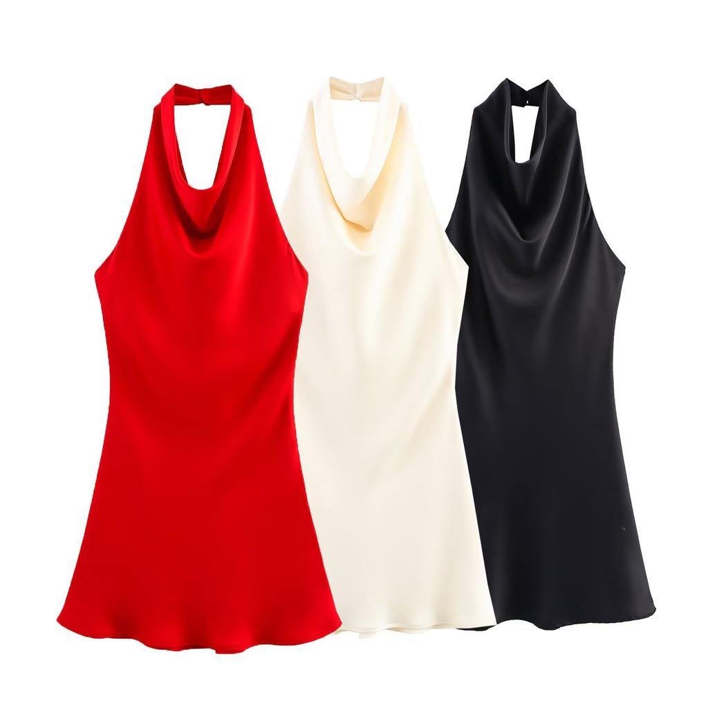 Damen Halter Hals Ärmellos Midi Kleid Elegant Einfarbig Cocktail Party Kleid Lässig Ausgeh Kleid