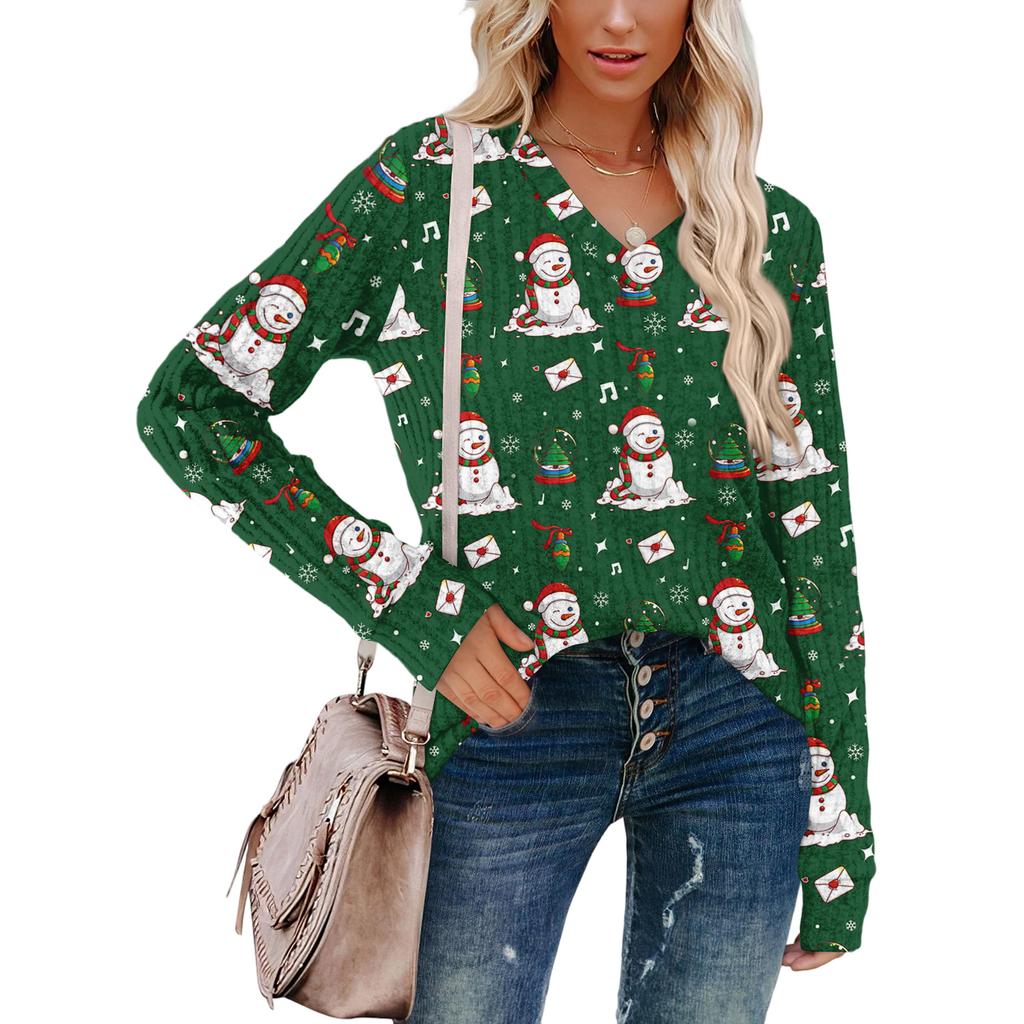 Women's Fashionable Loose-Fit V-Neck Long-Sleeved T-Shirt Christmas Print Pullover