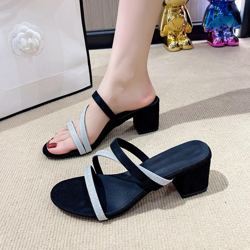 

Fashion Women Sandals Ladies Square Heels Elegant Summer Slippers Outside Cross Tied Leather Female Slides 2025 Fashion Woman Sandals 35 чёрный