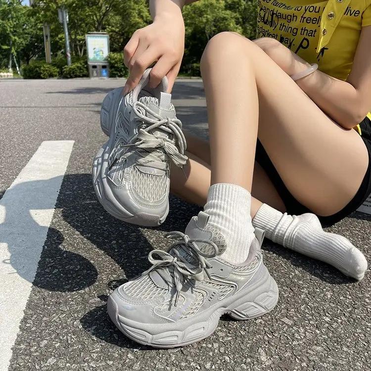 Fashion Double Lace Dad Shoes Women's Spring New Thick Bottom Heightening Mesh Breathable Casual Sports Shoes