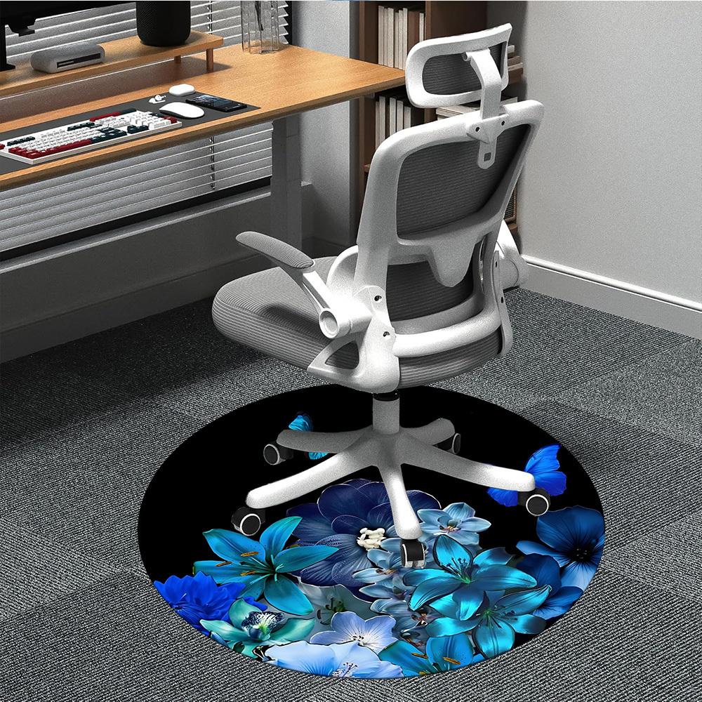 1pc Blue Floral Bouquet Chair Carpet for Office, Round Non-Slip Durable Large Size Office Carpet, Suitable for Office, Beautiful Decoration
