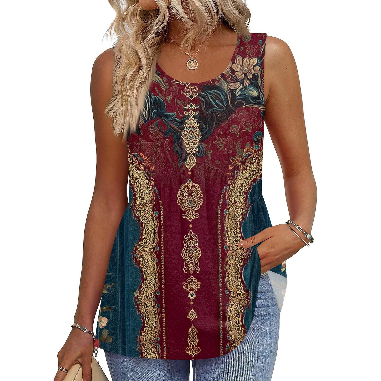 

Square Collar Tank Top Women Print Tank Tee Casual Loose Fit Sleeveless Shirt M винний
