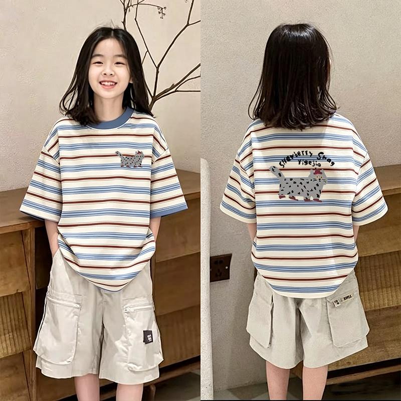 Girls' Trendy Striped Short-Sleeve T-Shirt, Sizes 6-15 - Stylish Contrast Color, Loose Fit