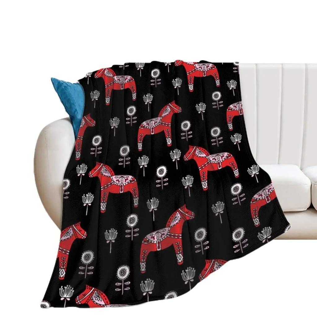 Flannel Fleece Throw Blanket for Couch, Floral Swedish Dala Horses Lightweight Plush Fuzzy Cozy Soft Blankets Throws Bed Sofa