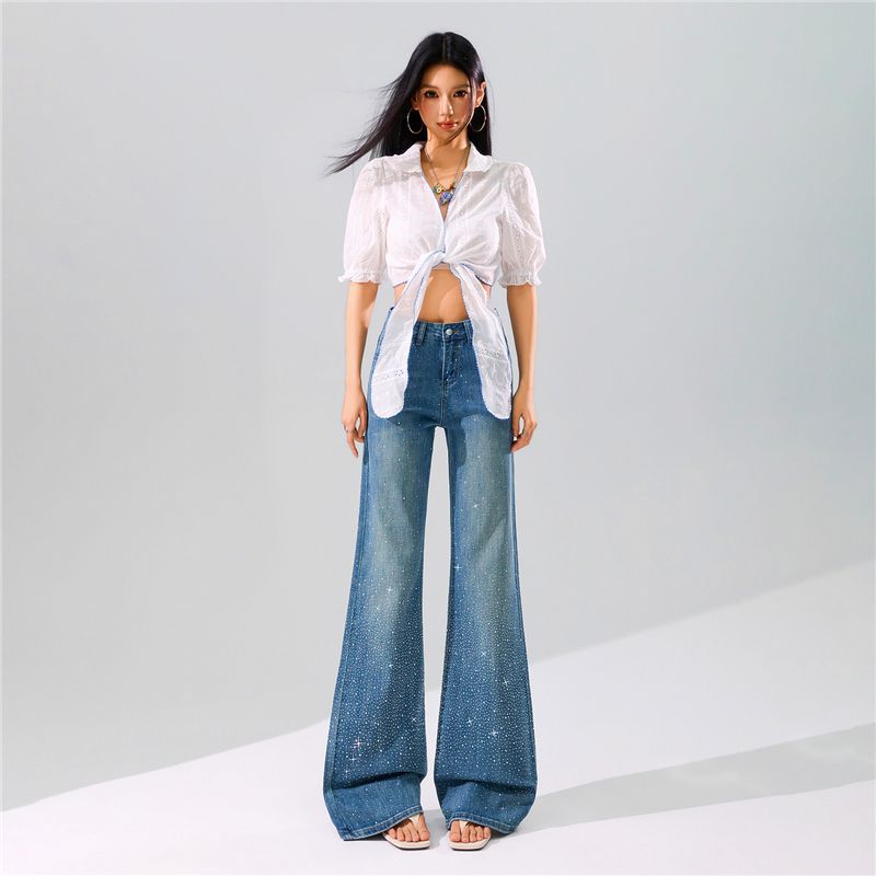 Spring Summer Trendy Bling Full Star Rhinestone Soft Comfort Relax Micro Flare Wide Leg Denim Pants For Women Casual Pants Oversize Denim Trousers