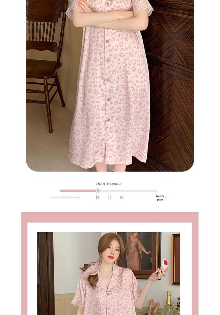 Summer Leopard Print Lace Ice Silk Nightgown - Women's Luxury Short Sleeve Sleepwear