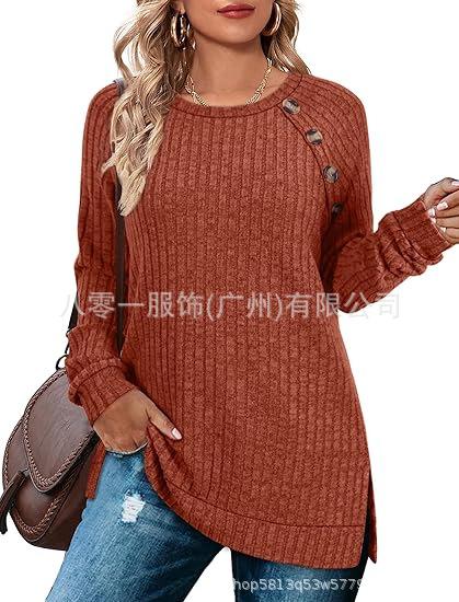 Women's Crew Neck Long Sleeve Tunic Top Ribbed Knit Raglan Sleeve Button Decor Split Hem Casual Pullover Shirt