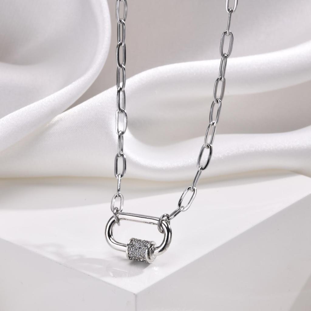 Women's Gold Clavicle Chain Necklace with Zirconia Oval Pendant and Stainless Steel Square Links