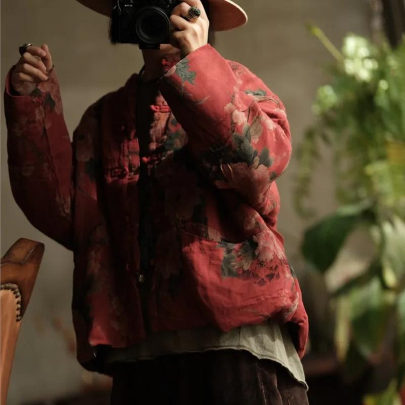 Johnature Women Chinese Print Floral Stand Pockets Button Winter Long Sleeve Warm Coats