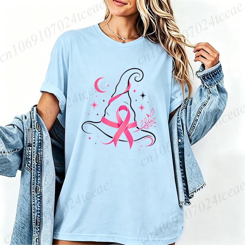 Pink Witch Hat Design T-Shirts Breast Cancer Awareness Women's Tee Shirts Pink Ribbon Halloween Graphic T-Shirts Gifts