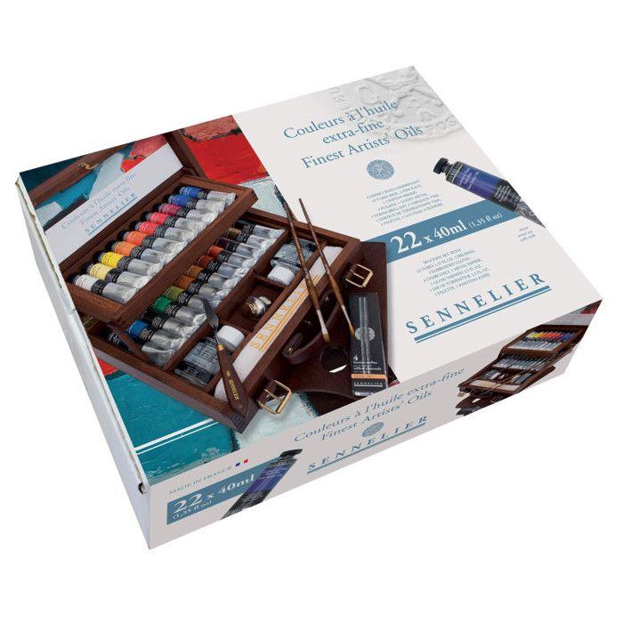 Coffret de peinture à l'huile - Sennelier - 22 tubes 40 ml - Huile extra fine - Bois vernis - Accessoires inclus