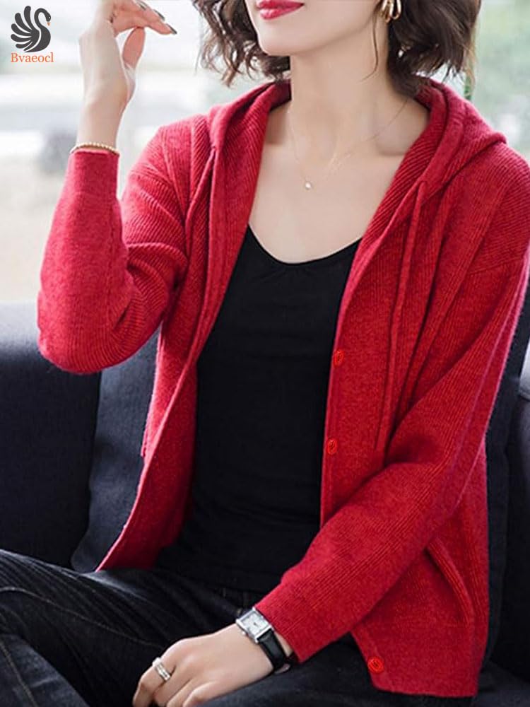 Bvaeocl Knit Long Cold BV94 Women's Cardigan, Hooded, Sleeve, Weather, Autumn/Winter, (Free Size, Red)