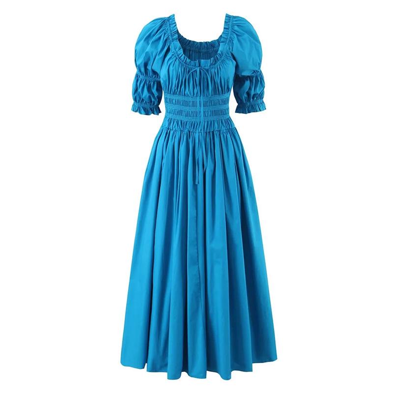 Elegant Retro White Puff Sleeve Cinched Waist Dress Medium синий