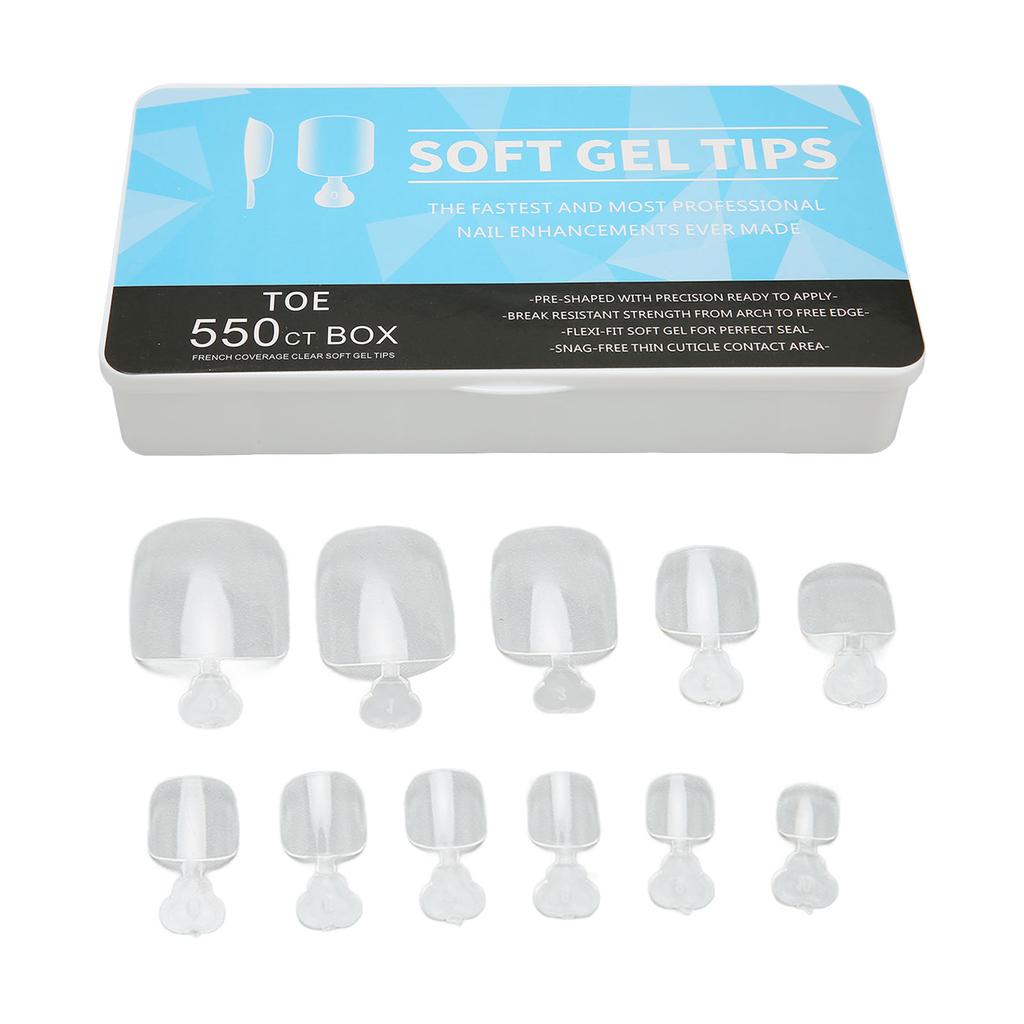 550pcs False Toenail Tips Full Cover Clear Artificial Ultrathin Multi Size Breathable Toe Nail Tips with Storage Box