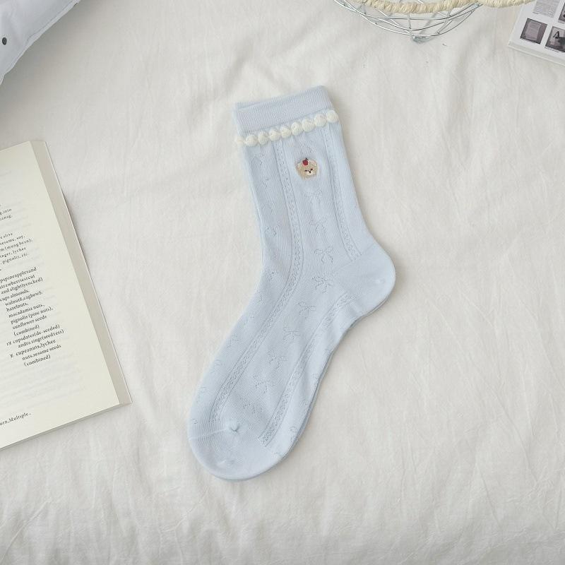 Summer Lightweight Children's Sock Featuring Cartoon Little Bear Embroidery, Thick Pile Socks with Stripes and Letters, Cotton Material