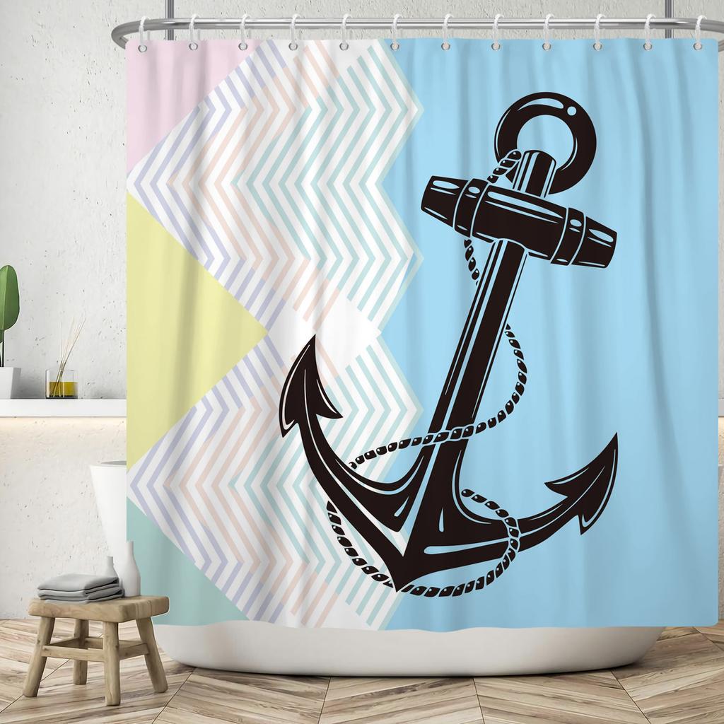 Nautical Theme Shower Curtain With Hooks Sailboat Anchor Seashells Starfish Waves Watercolour Art Modern Bathroom Curtain Decor