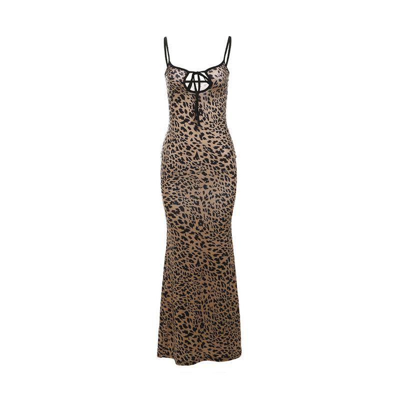

Kkx European and American Sexy Gyaru Style Street Retro Leopard Print Print Lace-up Hollow-out Backless Sling Jumpsuit Long dress Leopard print L