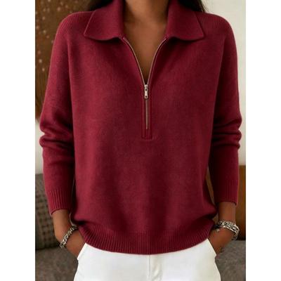 Europäischer und Amerikanischer Damen Freizeit Uni Strick Polo Pullover - Reißverschluss Revers Pullover für Herbst/Winter.