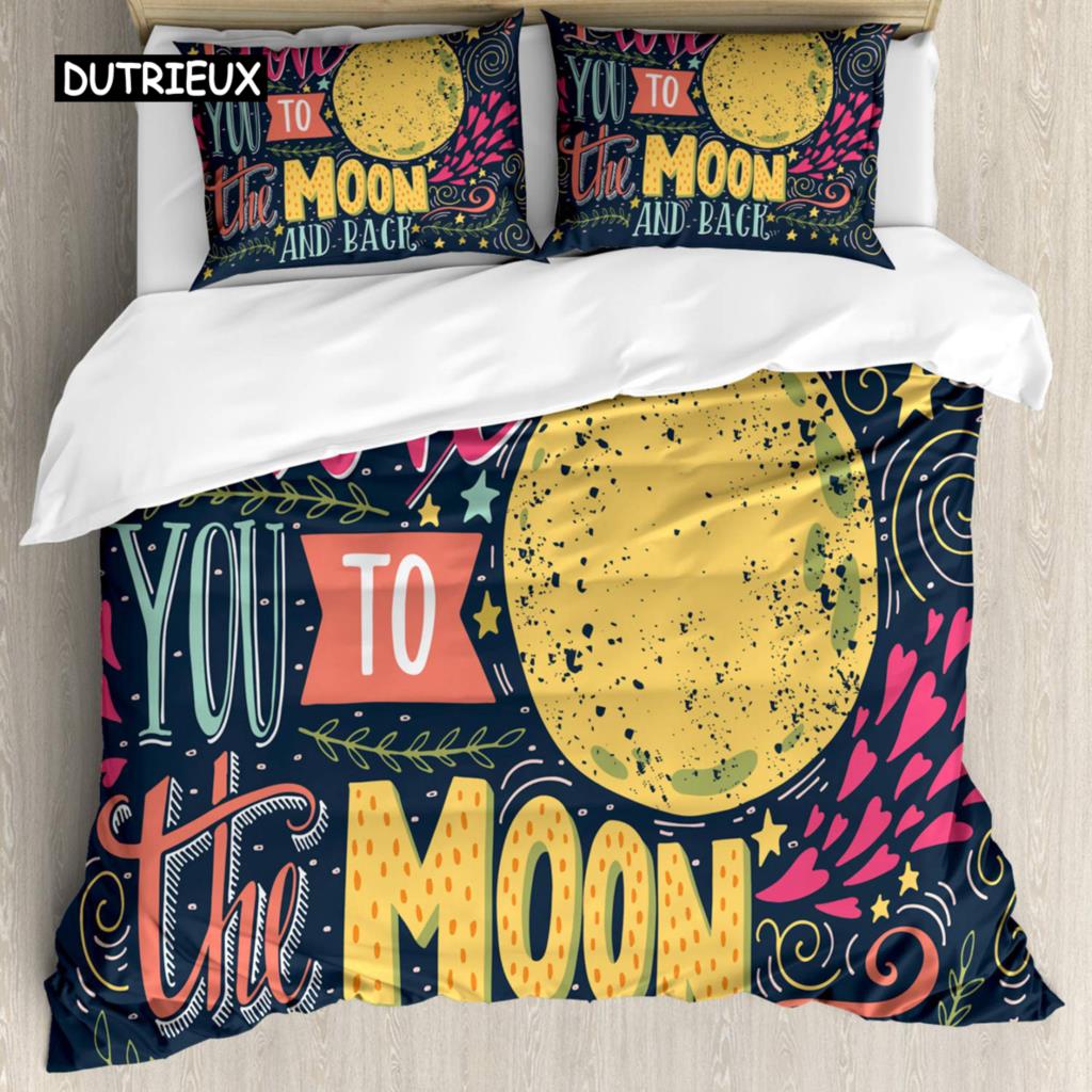 I Love You Duvet Cover Hand Drawn I Love You To The Moon and Back Words with Stars Celebration King Size Polyester Bedding Set