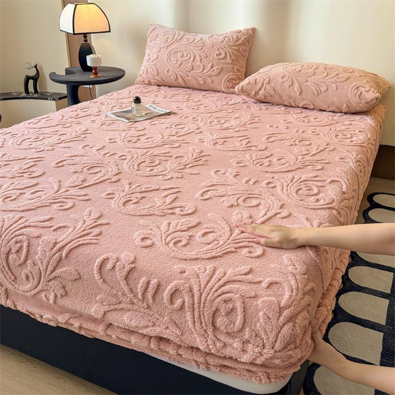 1PCS Plush Embossed Fitted Sheet Thick Warm Bedding for Autumn Winter Soft Comfortable Fabric Deep Pocket Design for Queen King Single  No Pillowcases