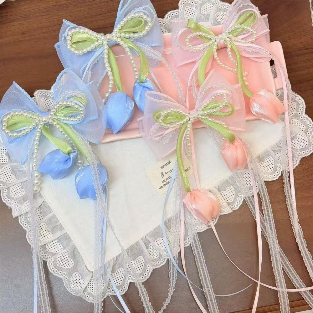 Chiffon Bowknot Chiffon Tulip Hair Clips Floral Pastel Floral Hair Clips Sweet Pearl Flower Bow Hairpin Girl Hair Accessories