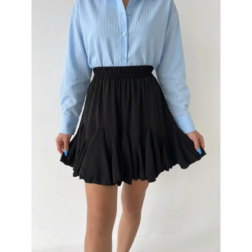 European and American ruffled umbrella skirt summer short skirt women s versatile slimming high-waisted A-line skirt pleated S чёрный