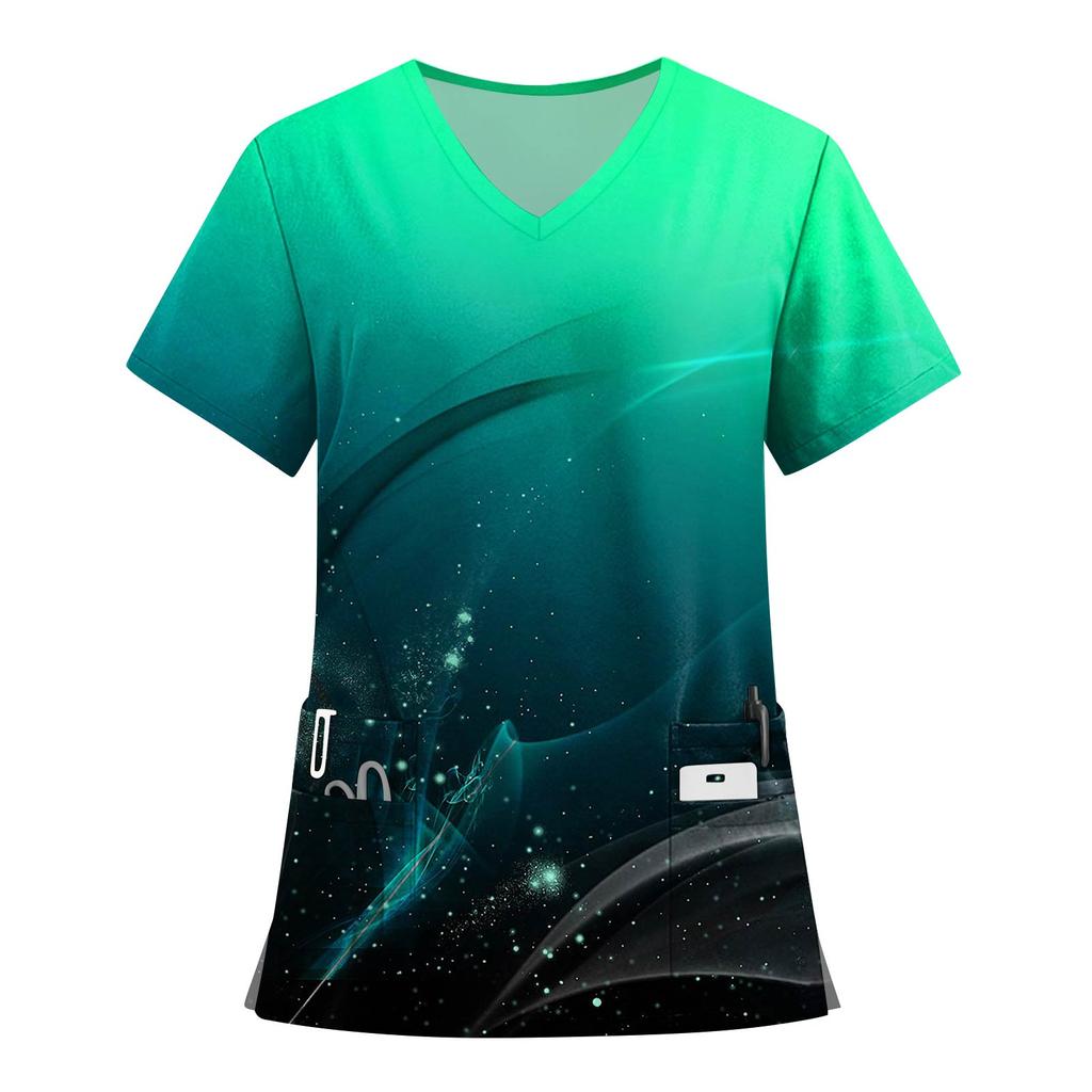 Women's Fashion Printed Short Sleeve V Neck Pattern Tops Pocket Working T-shirts