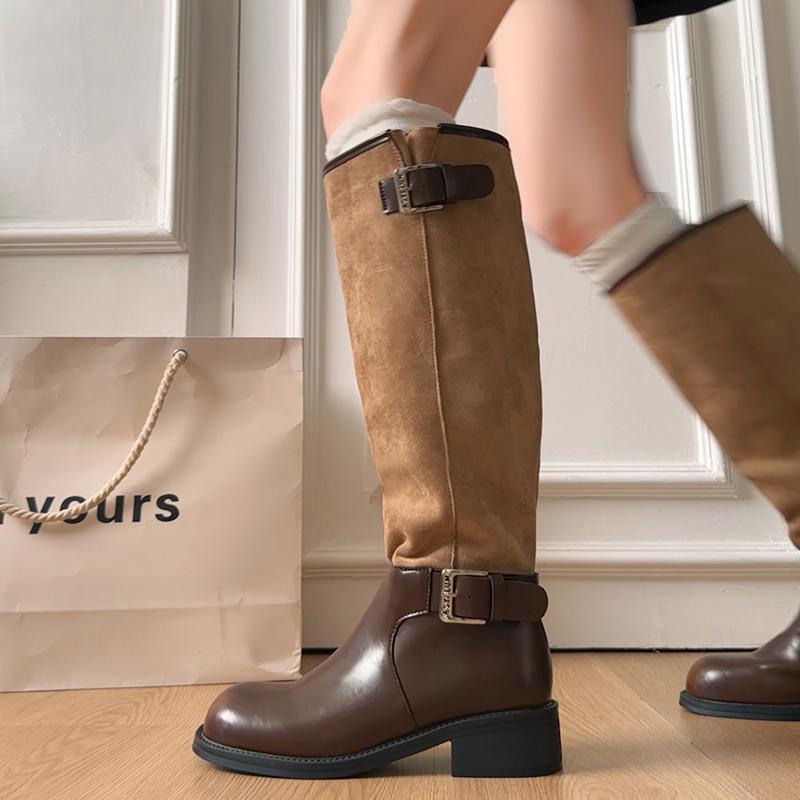 Vintage Belt Buckle Women Knight High Boots Concise Slip On Thick Heels Shoes Fashion Banquet Party Long Botas Mujer