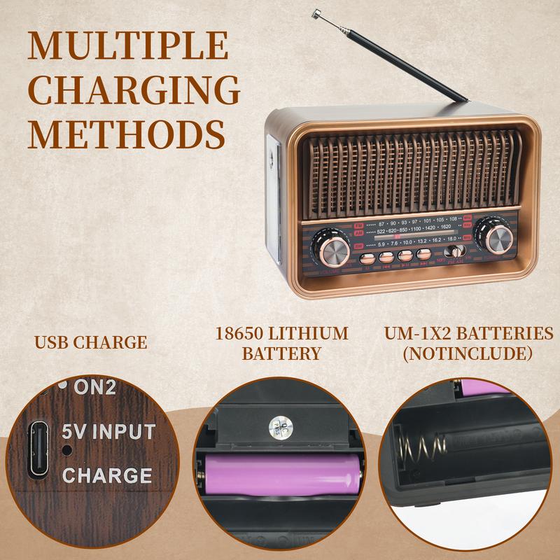 AM/FM Radio Vintage Desktop Radio, 30BTL Wooden Radio, Supports USB/1200mAh Rechargeable battery/TF, Suitable for Home, Office,