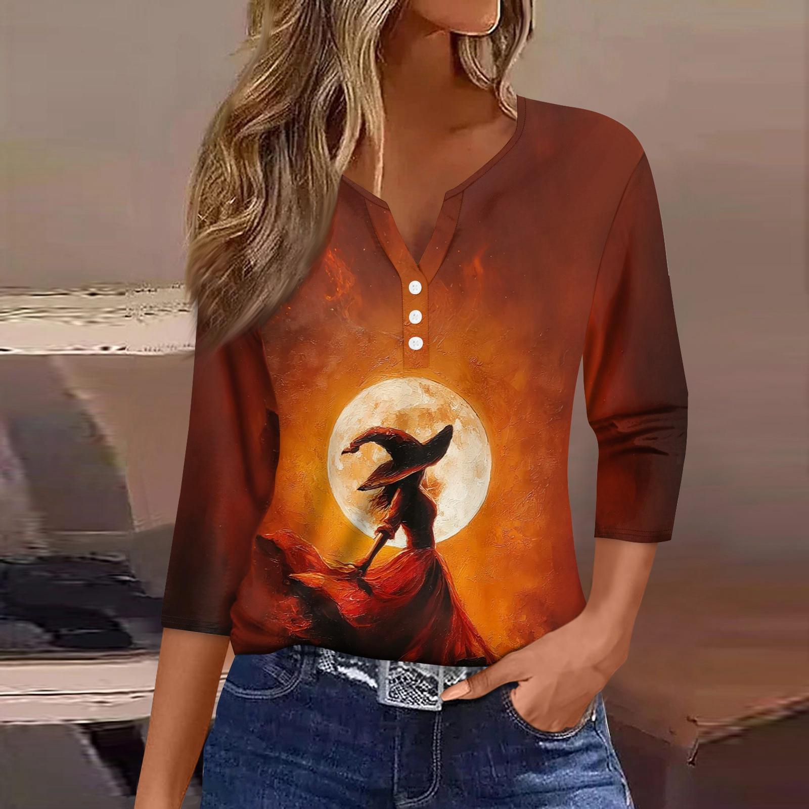 

Жіноча футболка з принтом на Хелловін, ґудзики, рукав 3/4, щоденний вихідний, модний базовий, V-подібний виріз, звичайний топ M