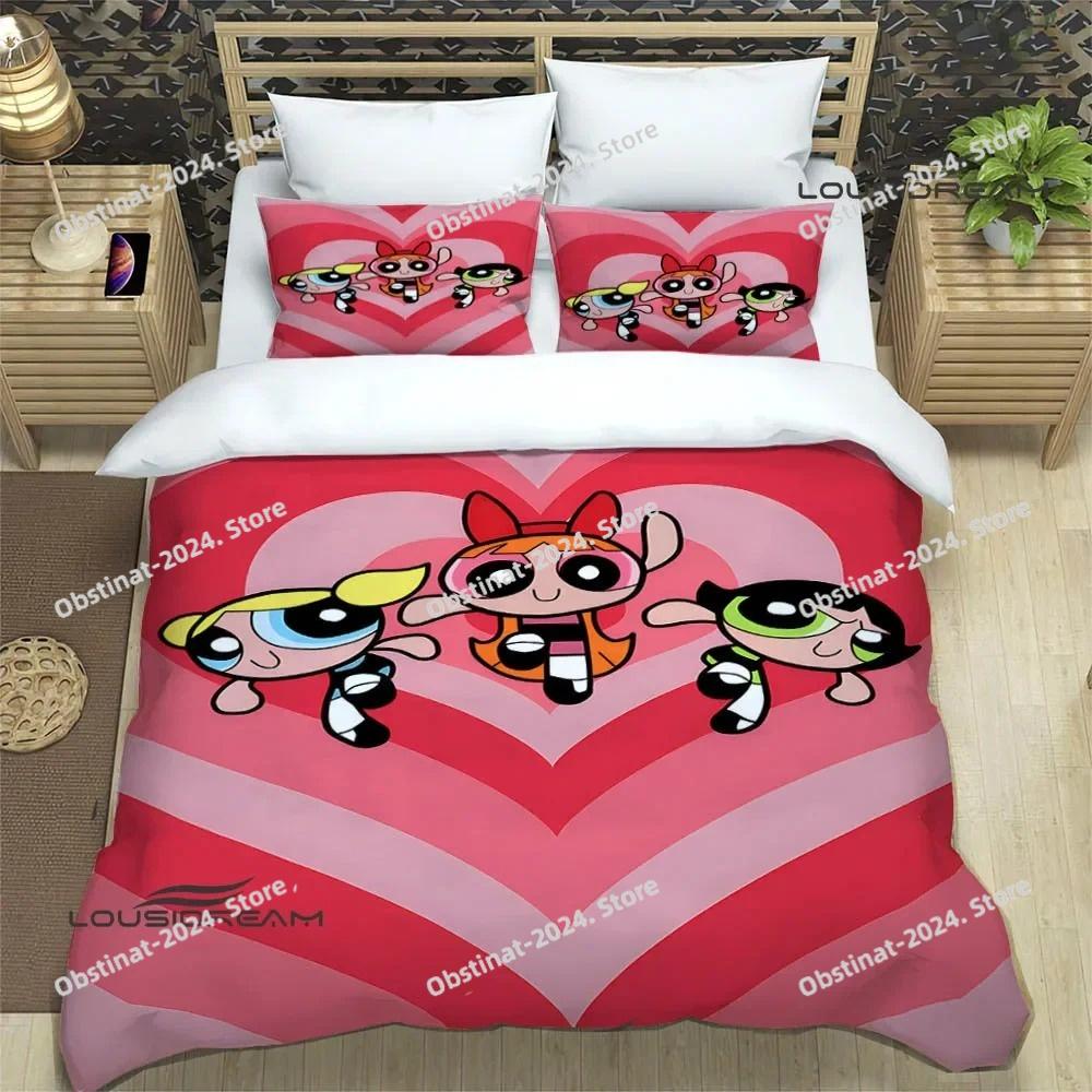 3D P-Powerpuff-Girls Cartoon Bedding Set Printed Bed Set Duvet Cover Sheet Pillowcase Bed Soft Quilt Cover Full Queen King Size