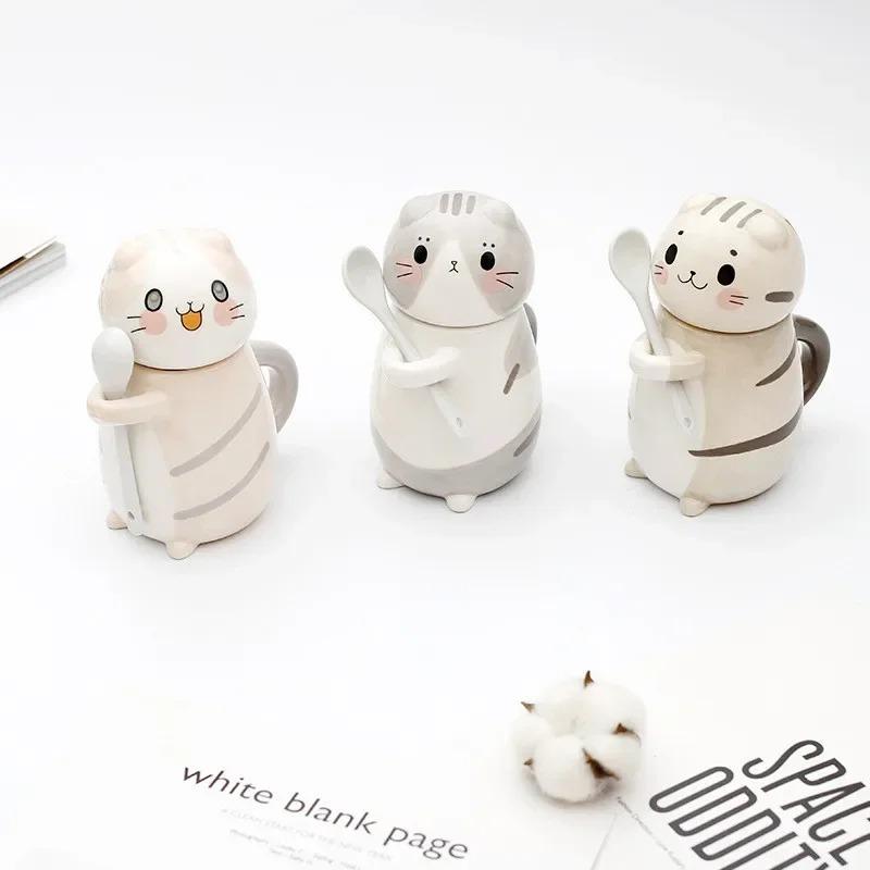 New Cute Cat Ceramics Coffee Mug with Spoon Creative Hand Painted Novelty Gifts Drinkware Milk Tea Cups