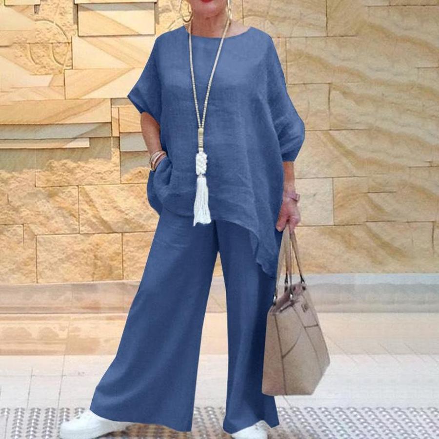 New Women's Cotton Linen Fashion Casual Plus Size Asymmetrical Long Sleeve Set Wide Leg Pants Two Piece Outfit