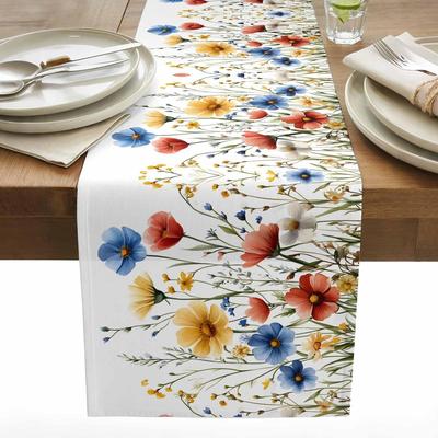 Spring Blue Red Yellow Floral Linen Table Runner Party Decor Watercolor Flowers Plants Kitchen Dining Table Runners Home Decor