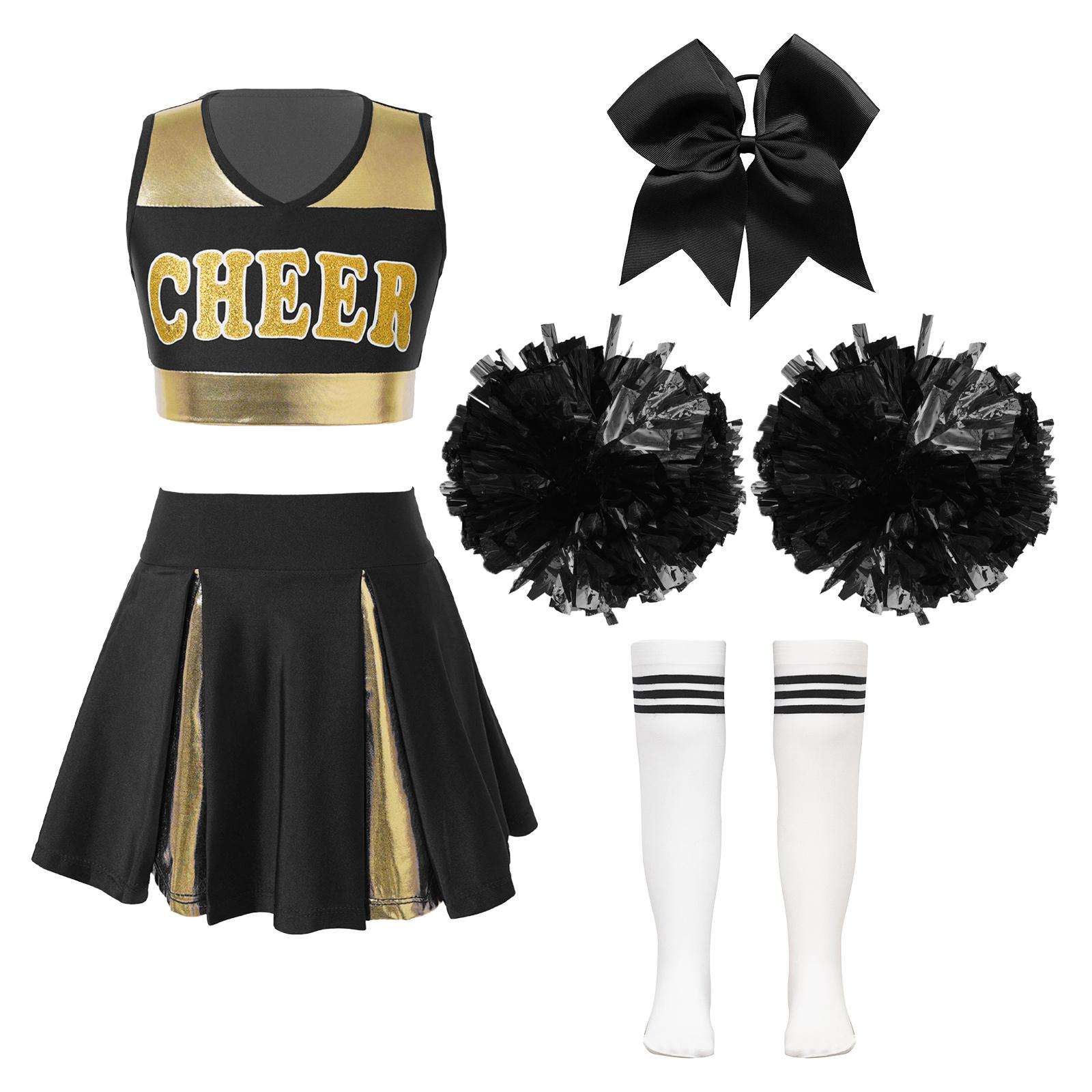 Ensemble Costume Pom-pom Girl pour Filles Déguisement Pom-pom Girl Halloween pour Fête d'Anniversaire Uniforme de Pom-pom Girl Costume de Spectacle Scolaire 6 noir
